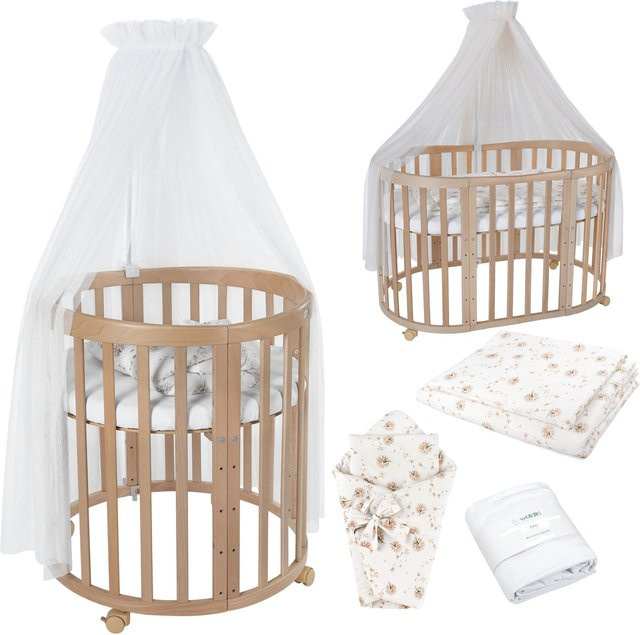 Waldin Babybett OWAL 7in1 Kinderbett aus Buchenholz mit Matratze und Drop-Side - Bild 1