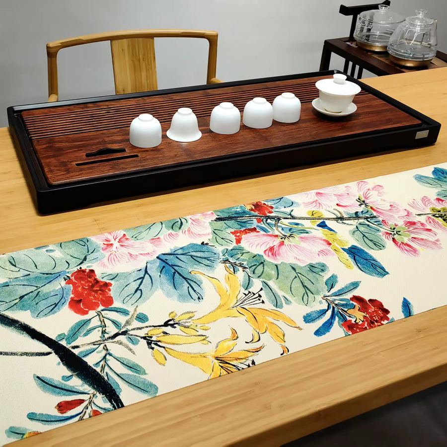 Tianzhong Teetischläufer im Zen-Stil aus Leinen, wasserdicht, mehrfarbig gestreift, B/T: 148 x 148 cm - Bild 4
