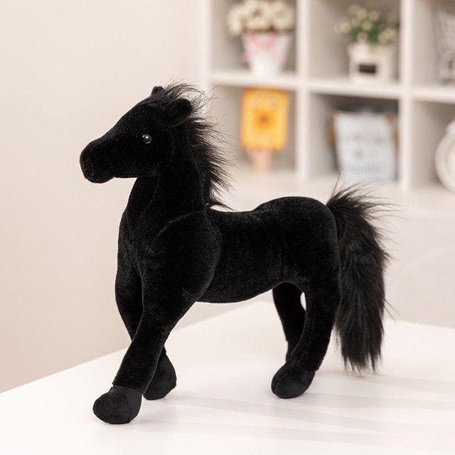 Schwarzes Pony Puppe Plüschtier, weißes Pferd, grau - Bild 1