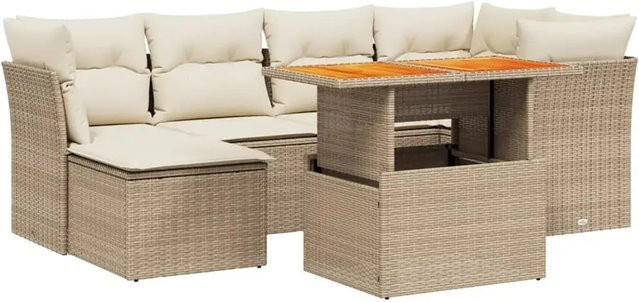 vidaXL 7-teilige Garten-Sofagarnitur in L-Form aus Poly-Rattan und Akazienholz mit Kissen in Beige-Creme - Bild 1