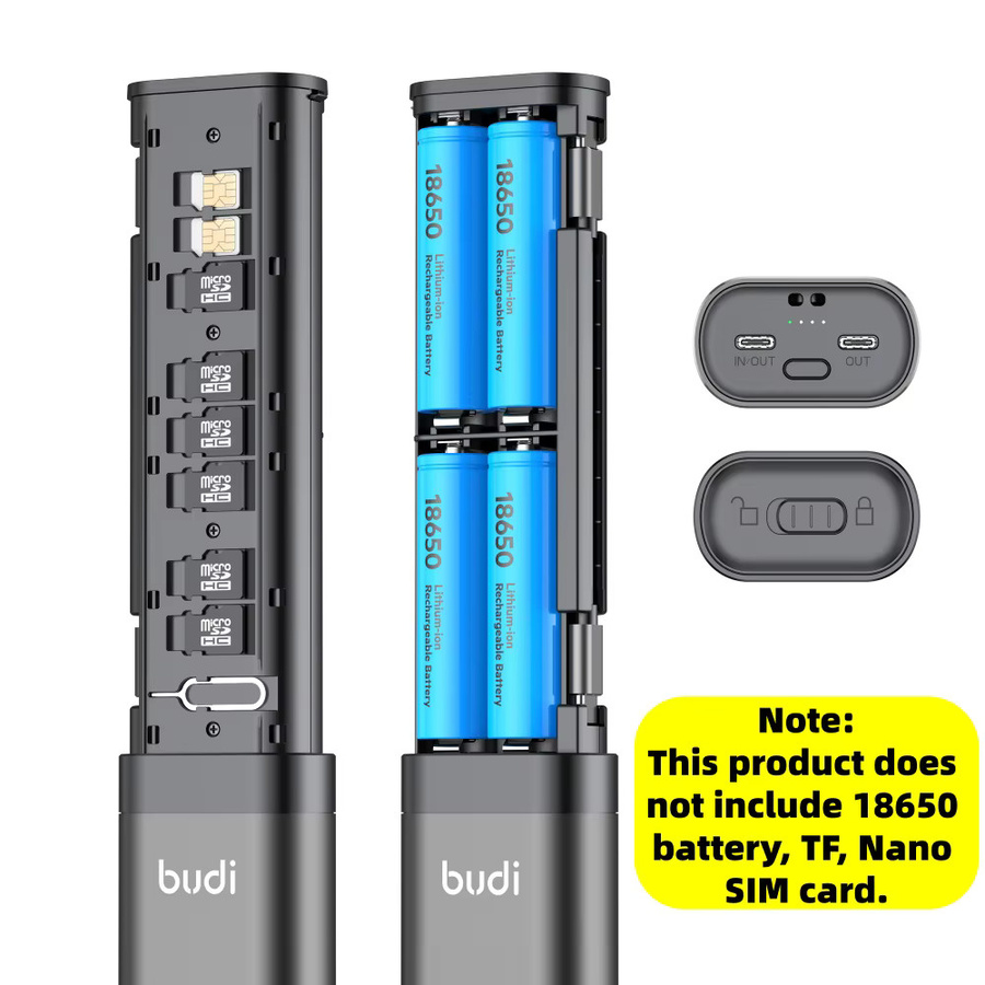 Budi 18650 Akku-Schnellladegerät 20W PD Powerbank mit Entfernungswerkzeug und SIM/TF-Karten-Aufbewahrung in Schwarz - Bild 2