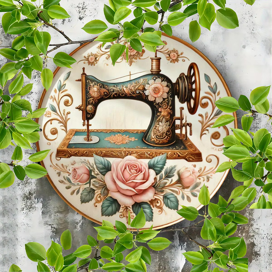 Potdemiel Vintage Wandkunst Nähmaschine mit floralem Rosenmuster aus Metall, B/H: 19,81 x 19,81 cm, Mehrfarbig - Bild 2