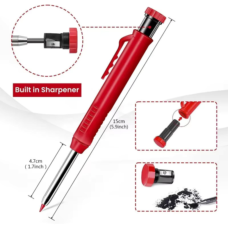 MROOFUL Metall-Schreinerstift-Set in Gelb mit Ersatzminen und integriertem Anspitzer für professionelle Holzbearbeitung - Bild 3