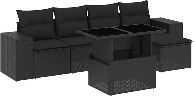 vidaXL 6-teilige Garten-Sofagarnitur aus Poly-Rattan in Schwarz mit UV-beständigen Kissen und pulverbeschichtetem Stahlgestell - Bild 1