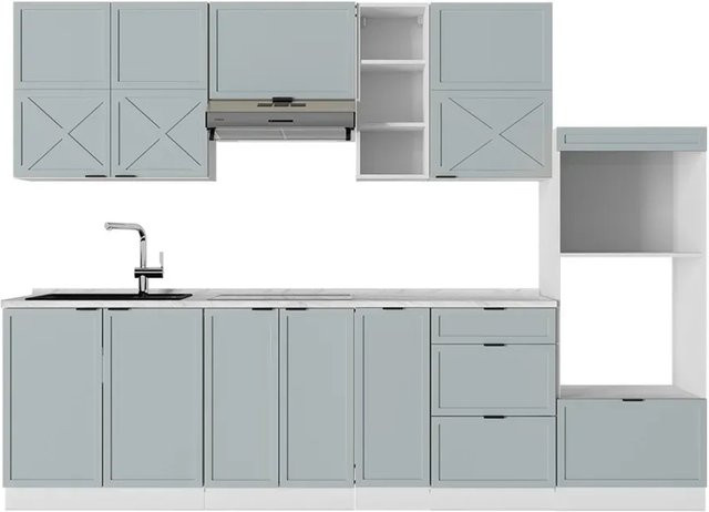 Vicco Fame-Line Küchenzeile in Hellblau-grau/Weiß mit Marmor-Optik, Breite: 280 cm - Bild 1