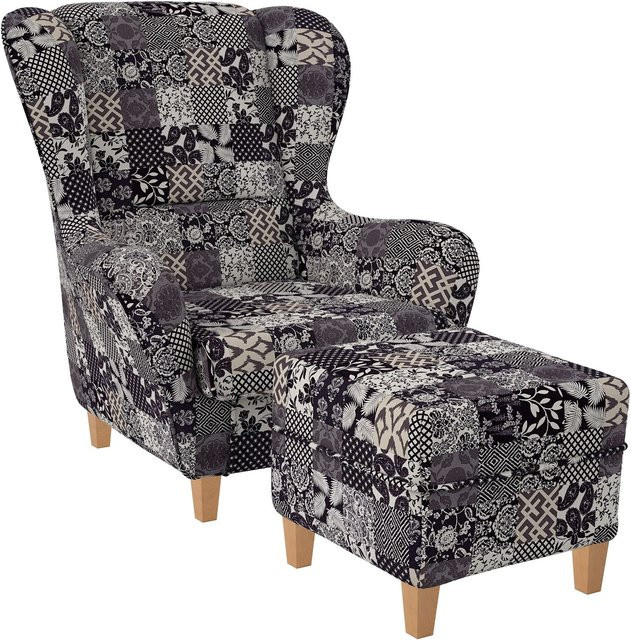 Supellex Ohrensessel mit Hocker Design Flora in Schwarz und Beige aus Microvelours - Bild 1