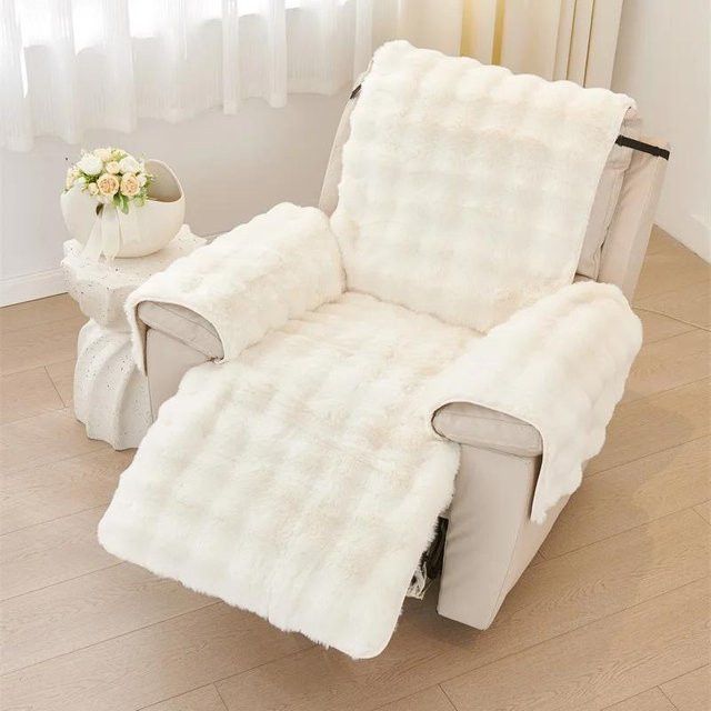 Rutschfester 1-Sitzer Relaxsofa Überzug aus superweichem Kaninchenplüsch in Weiß - Bild 1