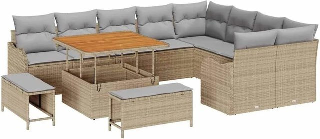 vidaXL Garten-Sofa-Set 12-tlg. mit Kissen in Beige und Hellgrau, modernes L-Shape Lounge-Set mit Stauraum und wetterfesten Polstern - Bild 1