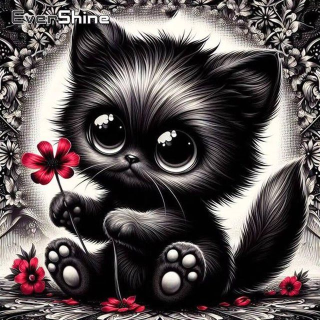 Evershine Diamant-Gemälde Schwarze Katze als Full Round Diamant-Mosaik-Kunst Stickerei in Schwarz, B/T/H: 20 x 20 x 20 cm - Bild 1