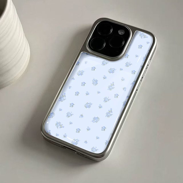 DecoPhone Stoßfeste Handyhülle mit blauem Blumen-Hydrogel und silbernem Rand für iPhone 17 16 15 14 Pro Max - Bild 1