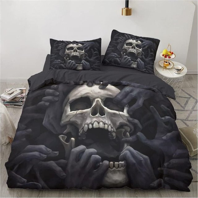 Binchi Fitness 3-teiliges Bettwäscheset aus Mikrofaser mit Gothic-Totenkopf-Rosen-Print in Schwarz, B/H: 135 x 200 cm - Bild 1