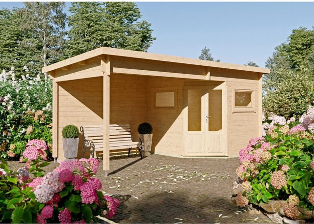 Fjordholz Gartenhaus Modell Leva 2C als 5-Eck Blockhaus in Braun mit Fenstern und Schloss - Bild 1