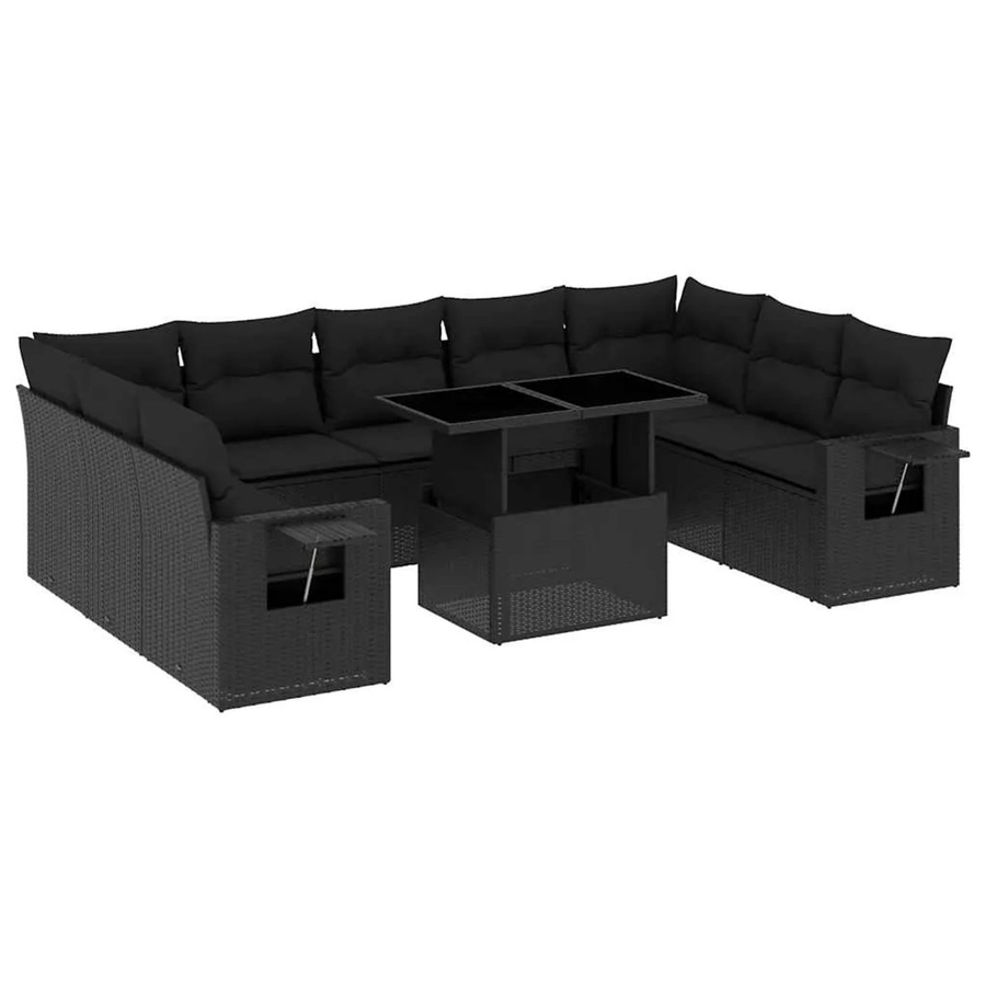 vidaXL 10-tlg. Garten-Sofagarnitur in L-Form aus schwarzem Poly-Rattan mit UV-beständigen Kissen und Metallrahmen - Bild 2
