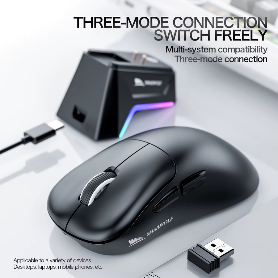 SMAILWOLF M5 Drahtlose Bluetooth-E-Sport-Maus mit PAW3311 Sensor, RGB-Beleuchtung und magnetischem Laden, Schwarz - Bild 6