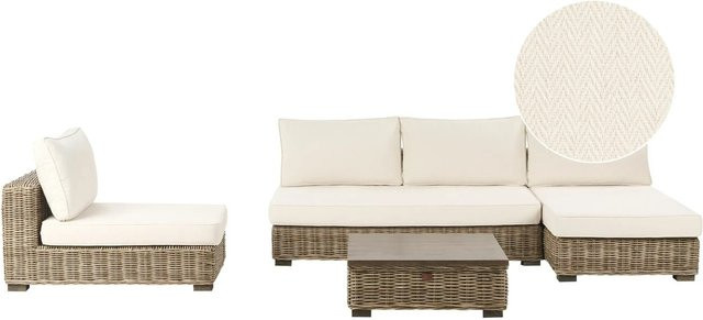 Beliani Lounge Set VARALLO aus Polyrattan in Cremeweiß mit 2-Sitzer Sofa, Lounge-Sessel und Couchtisch inklusive Polsterkissen - Bild 1