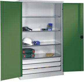 C+P Schwerlastschrank mit Drehtüren, 4 Böden und 3 Schubladen, Front Resedagrün, Korpus Lichtgrau, H x B x T: 195 x 120 x 50 cm - Bild 1