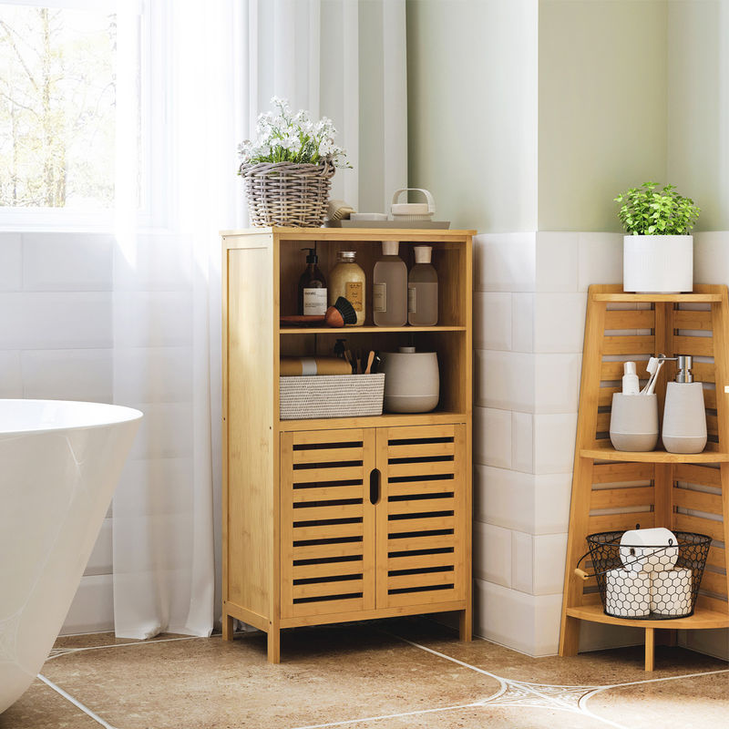 kleankin Badezimmerschrank aus Bambus im Landhausstil mit Lamellentüren und Kippschutz, Mehrzweckunterschrank in Braun und Beige - Bild 2