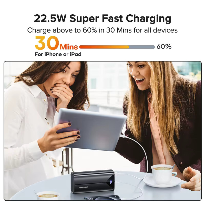 QOOVI Power Bank 20000 mAh mit 22,5 W Schnellladefunktion und integriertem Kabel in Schwarz - Bild 3