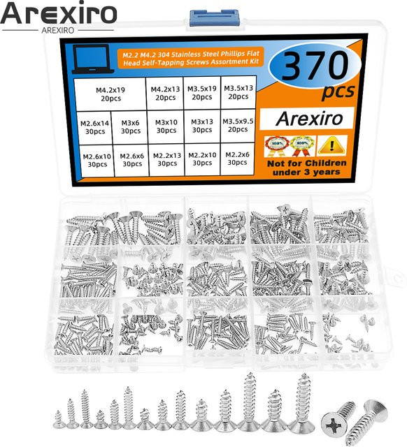 370 Stück Selbstschneidende Schrauben Set aus 304 Edelstahl in Silber mit Kreuzkopf und Senkkopf (M2,2 M2,6 M2,9 M3,5 M4,2) - Bild 1