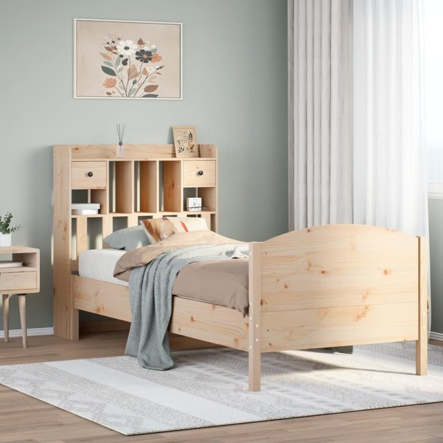 vidaXL Massivholzbett aus Kiefernholz mit Kopfteil und Regal in Braun, B/T/H: 100 x 200 x 110 cm - Bild 2