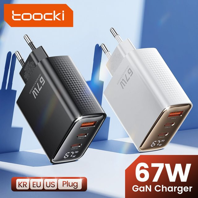 Toocki PD 67W GaN USB-C Ladegerät mit digitalem Display und QC4.0 Schnellladefunktion für iPhone, iPad, Xiaomi, Samsung und Huawei in Schwarz oder Weiß - Bild 1