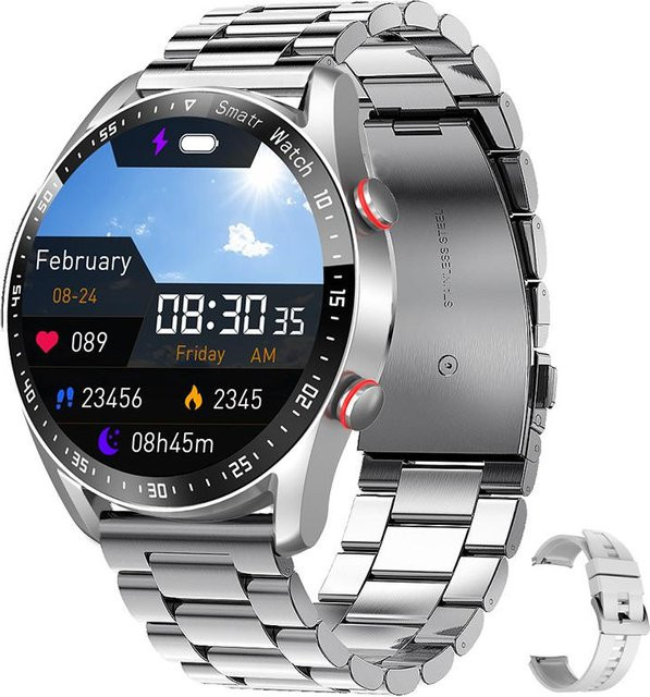 QLY Online Smartwatch für Herren mit 1,5 Zoll Display, Bluetooth Anruffunktion, EKG und Herzfrequenzmessung, Wasserdicht, Farbe Silber mit Steel Belt - Bild 1