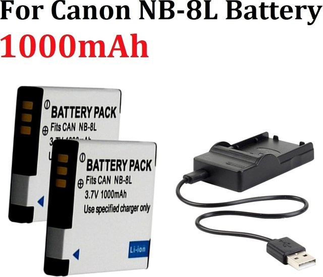 NB-8L Li-Ion Kamera Akku mit Ladegerät für Canon PowerShot A3300 A3200 A3100 A3000 A2200 A1200, 1000 mAh, 3,7 V - Bild 1