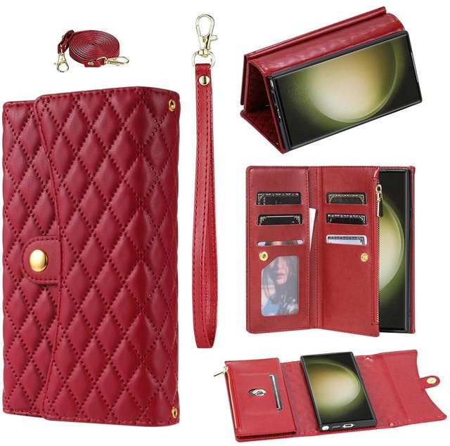 Leder Klapphülle mit Lanyard und Geldbörse für Samsung Galaxy S25 Ultra S24 Plus S23 S22 S21 S20 Note20 Ultra in Rot - Bild 1