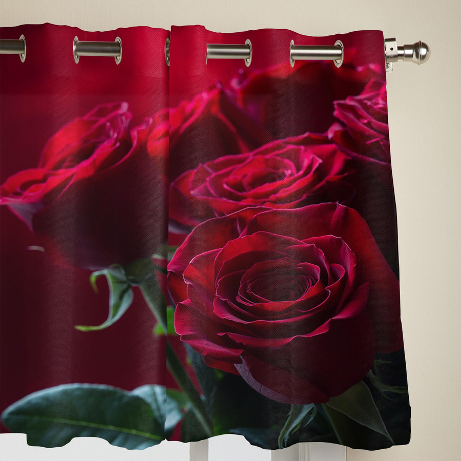 Super Six Fenstervorhang mit rotem Rosenmuster, semi-transparent, Breite: 135 cm, Höhe: 60 cm - Bild 1