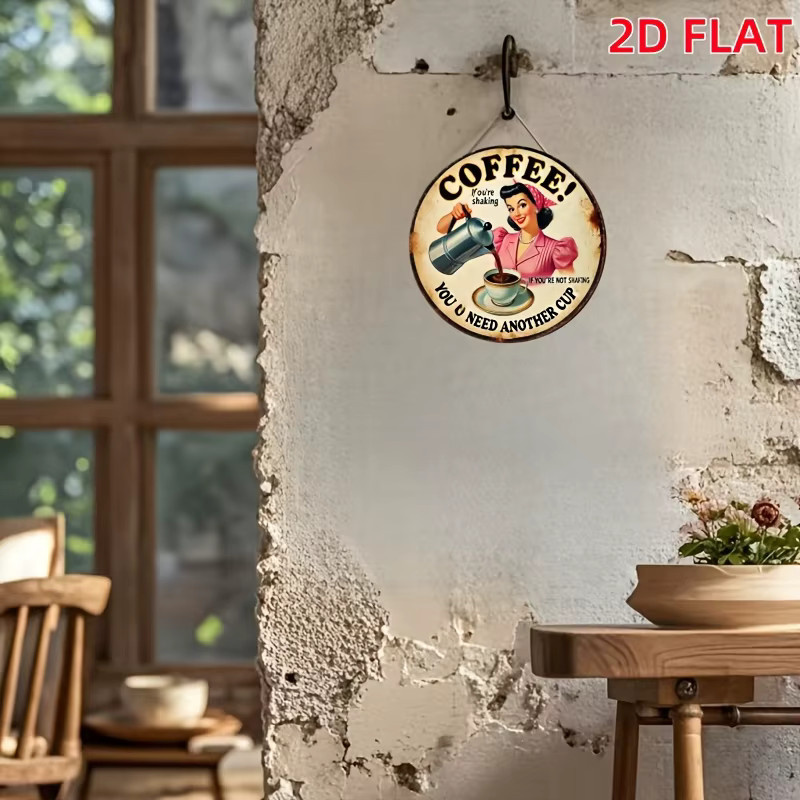 Potdemiel 2D Flat Wandkunst aus Metall im Vintage-Kaffee-Stil, rundes Retro-Dekor mit Barista-Design, Mehrfarbig, Durchmesser: 20 cm - Bild 4