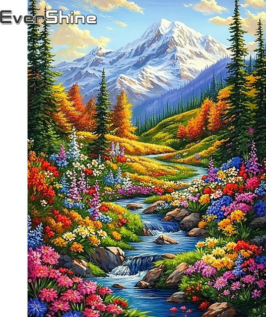EverShine Diamant-Stickerei DIY Landschaftsgemälde Schneeberg und Blumen in Mehrfarbig, B/H: 30 x 30 cm - Bild 1