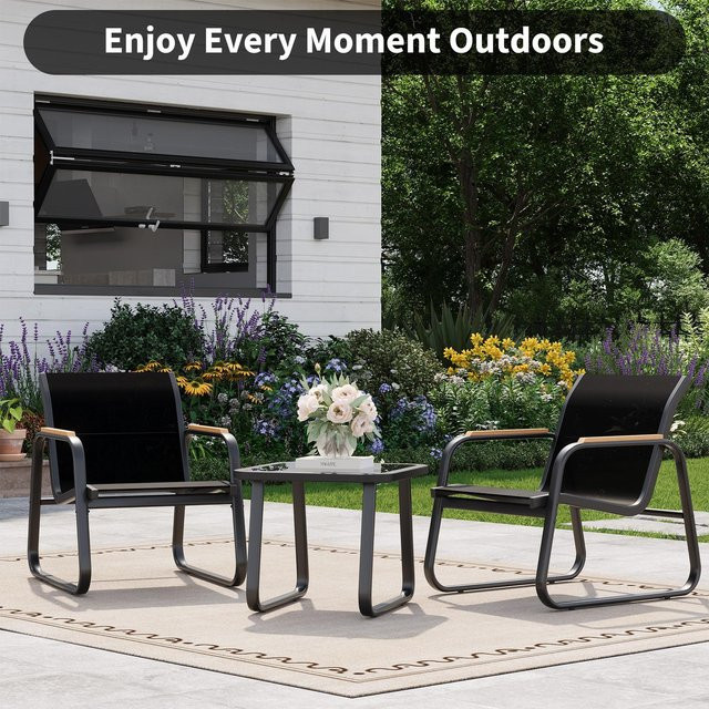 Studyset 3-teiliges Outdoor-Bistro-Set in Schwarz mit Glas-Beistelltisch und 2 Netz-Armlehnstühlen aus pulverbeschichtetem Stahl für Garten, Balkon und Terrasse - Bild 1