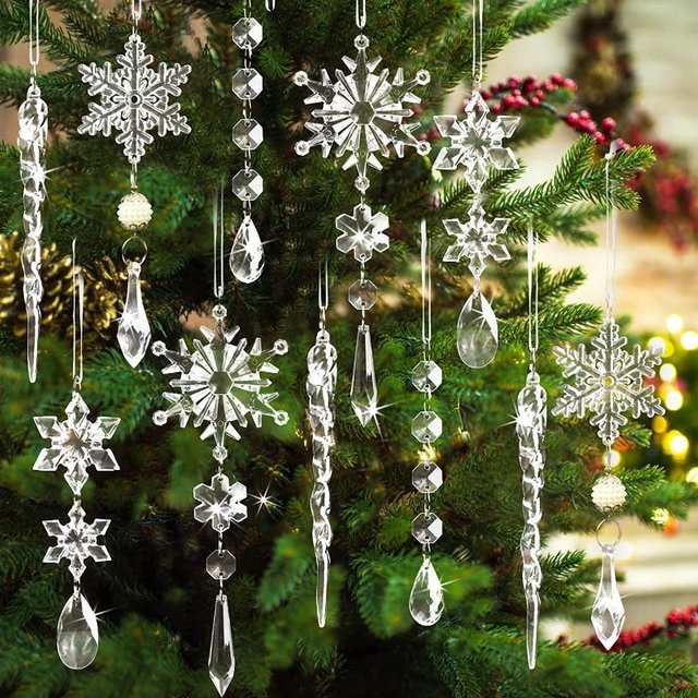 Transparente Weihnachtsbaum-Anhänger aus Acryl in Schneeflocken- und Eiszapfen-Optik für deine Weihnachtsdekoration - Bild 1