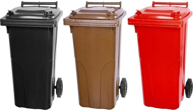 PROREGAL SuperSparSet 3er-Pack Mülltonnen mit 2 Rädern aus HDPE-Kunststoff, 120 Liter, Farben: Grau, Schwarz, Braun und Rot - Bild 1