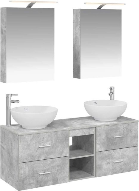 vidaXL Badezimmermöbel-Set 5-teilig in Betongrau aus Holz und Glas mit LED-Beleuchtung und Spiegelschrank - Bild 1