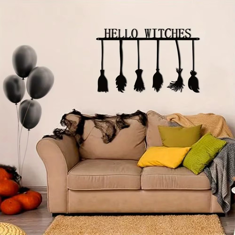 Hallo Witches Halloween-Wanddekoration aus schwarzem Metall mit Hexenbesen und Typografie - Bild 4