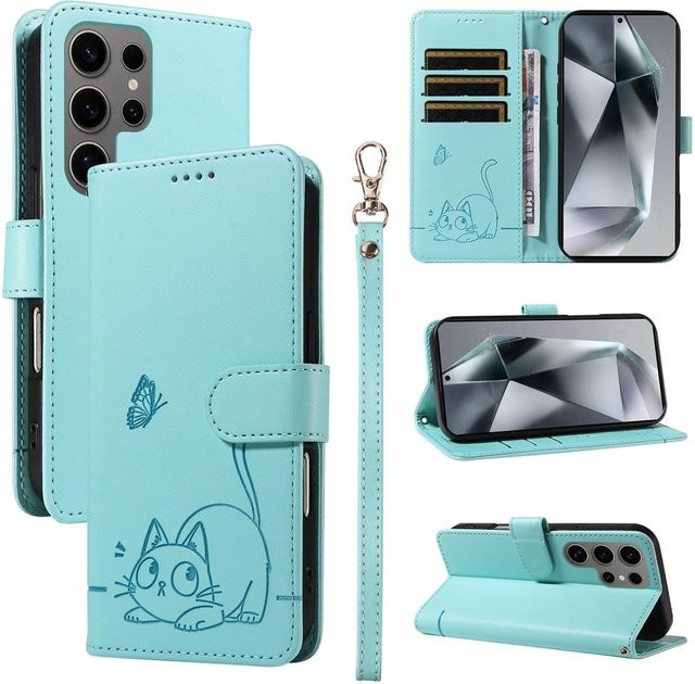 Magnetische Leder-Klapphülle für Samsung Galaxy S25 S24 S23 S22 S21 S20 Plus Ultra FE mit geprägtem Katze und Schmetterling Design in Turquoise - Bild 1
