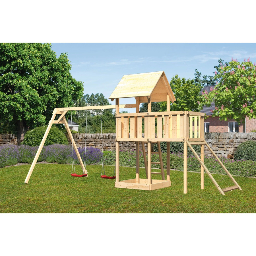 Karibu Spielturm Lotti mit Doppelschaukel Anbauplattform Netzrampe aus Massivholz - Bild 2