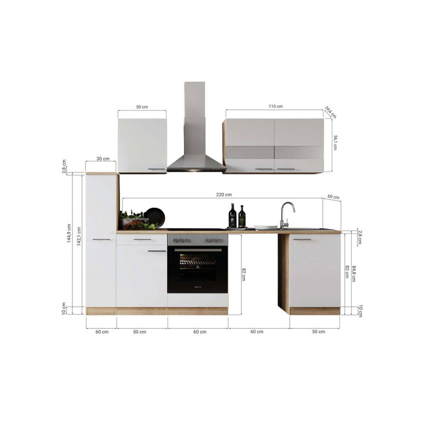 Respekta Küchenblock Merle modern in Eiche Sägerau Nachbildung und Schwarz mit Glastüren und Soft-Close-Funktion, Breite: 250 cm, Tiefe: 60 cm - Bild 3