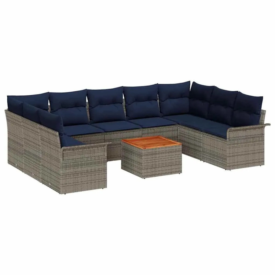 vidaXL Gartensofa-Set aus Poly-Rattan in Grau und Marineblau mit Polstern und Tisch, 10-teiliges L-Shape Lounge-Set mit Metallgestell - Bild 2