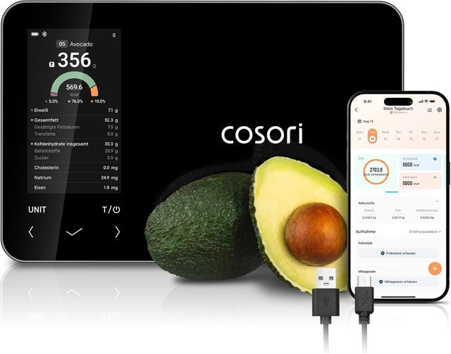 Cosori Ernährungswaage CNS-R001S-X in Schwarz mit Digitaldisplay, App-Steuerung und Bluetooth, Edelstahl und Glas - Bild 1