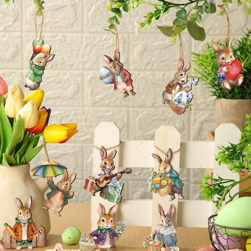 ZQNYCY Cartoon Kaninchen Holz Anhänger für Ostern und DIY Handwerk, Mehrfarbig - Bild 4