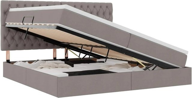 vidaXL Bett mit Kopfteil und LED-Lichtleisten in Taupe, mit USB-Ladeport und integrierter Leselampe, B/T/H: 200 x 200 x 203 cm - Bild 1