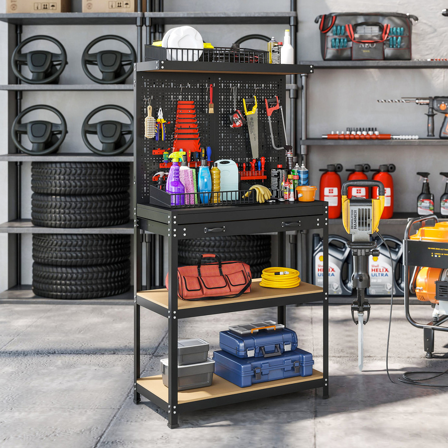 HOMCOM Werkbank aus Metall mit Lochwand, Haken, Schublade und 2 Ablagen, Arbeitstisch in Schwarz, B/T/H: 80 x 40,5 x 155 cm, 240 kg Tragkraft - Bild 2