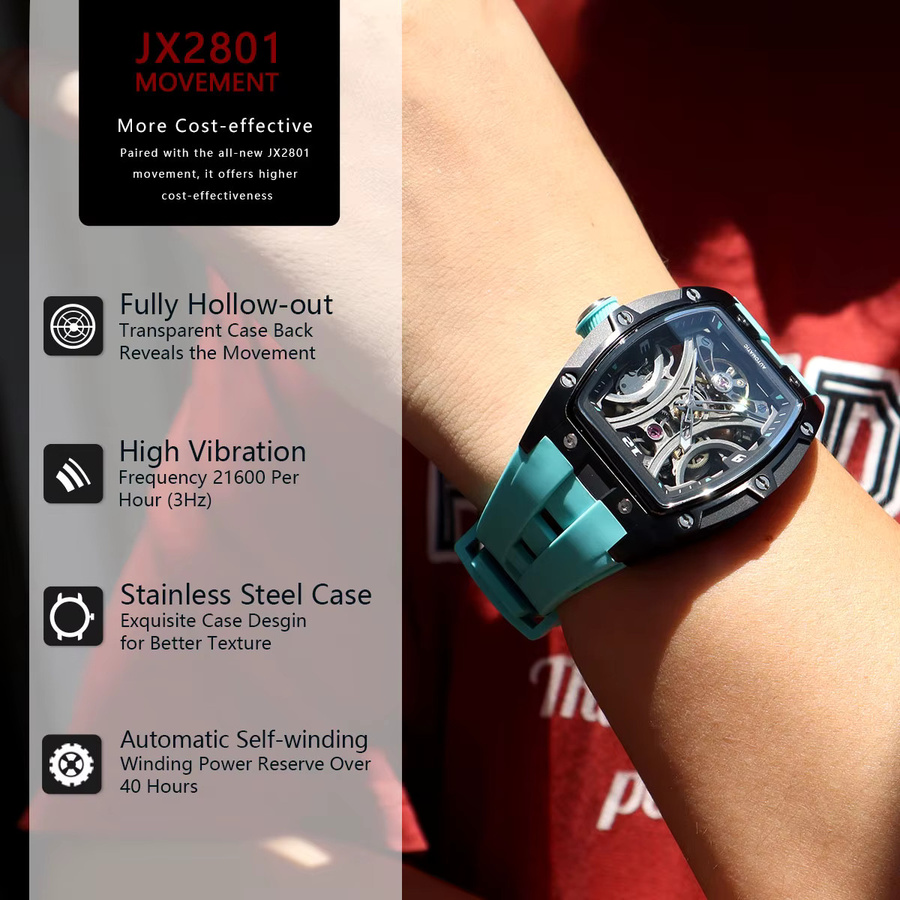 MEGIR Armbanduhr Automatik, Tonneau, Silikonarmband, Herren - Bild 5