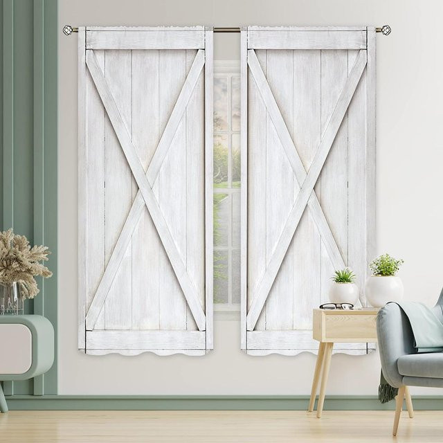 Dekorative Vintage Vorhänge mit Musterdruck aus Polyester für Holztüren, 2er-Set, Farbe: Weiß, B: 50 cm, H: 140 cm - Bild 1