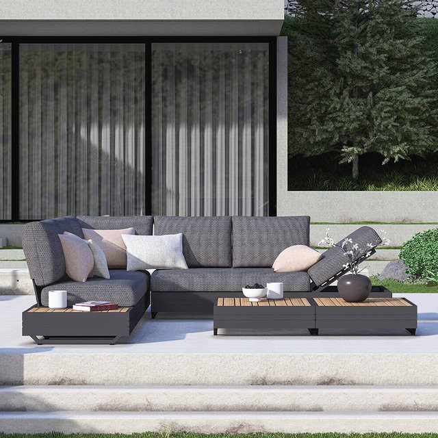 Zebra Cubo Neo 6-teiliges Loungeset aus Aluminium in Graphit mit wasserdichten Kissen in Sutton Grey inklusive 3-Sitzer, 2-Sitzer, Eckelement und 3 Kaffeetischen - Bild 1