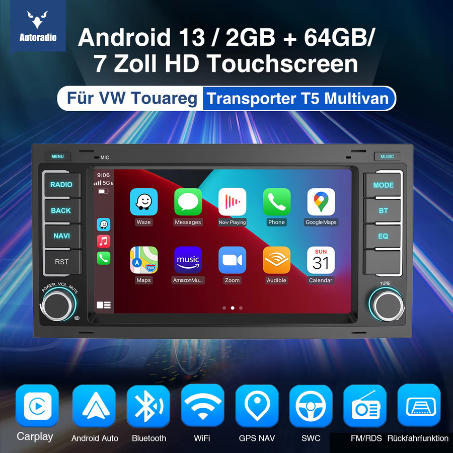 ESSGOO 7 Zoll HD Touchscreen Autoradio Multimedia Video Player mit CarPlay und Android 13 für VW Touareg Transporter T5 Multivan 2003-2015, Schwarz, 64G, GPS und WIFI - Bild 6