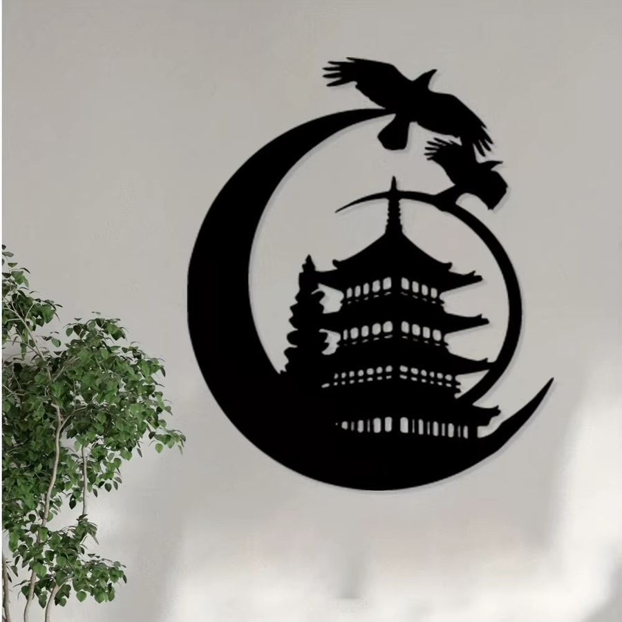 CIFBUY Pagoden-Krähe Wandkunst aus Metall in Schwarz – Asiatische Tier-Dekoration für Wand und Garten - Bild 2