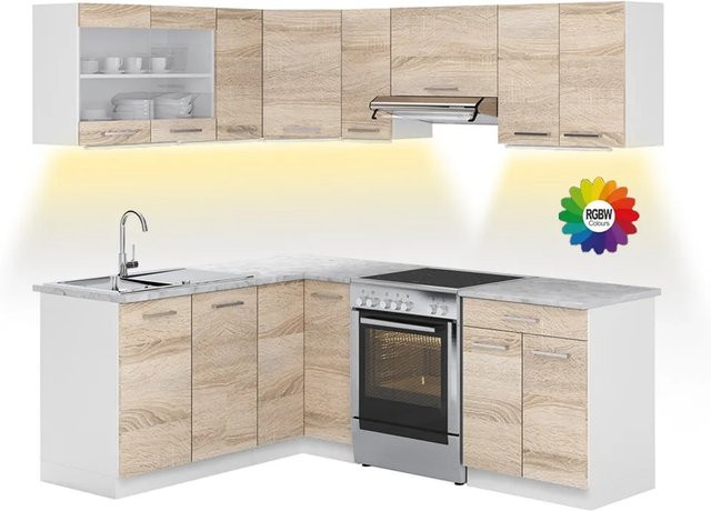 Vicco Rick Eckküche Weiß/Sonoma in moderner Design-Ausführung mit LED-Leisten und Marmor-Optik, Breite: 207 cm - Bild 1